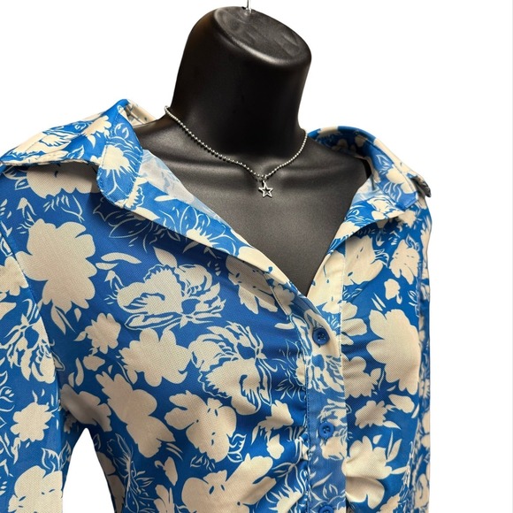 Y2K Mesh Rouched Button Top - Large - Blue and Offwhite Flowers Rave Festival - Picture 3 of 10